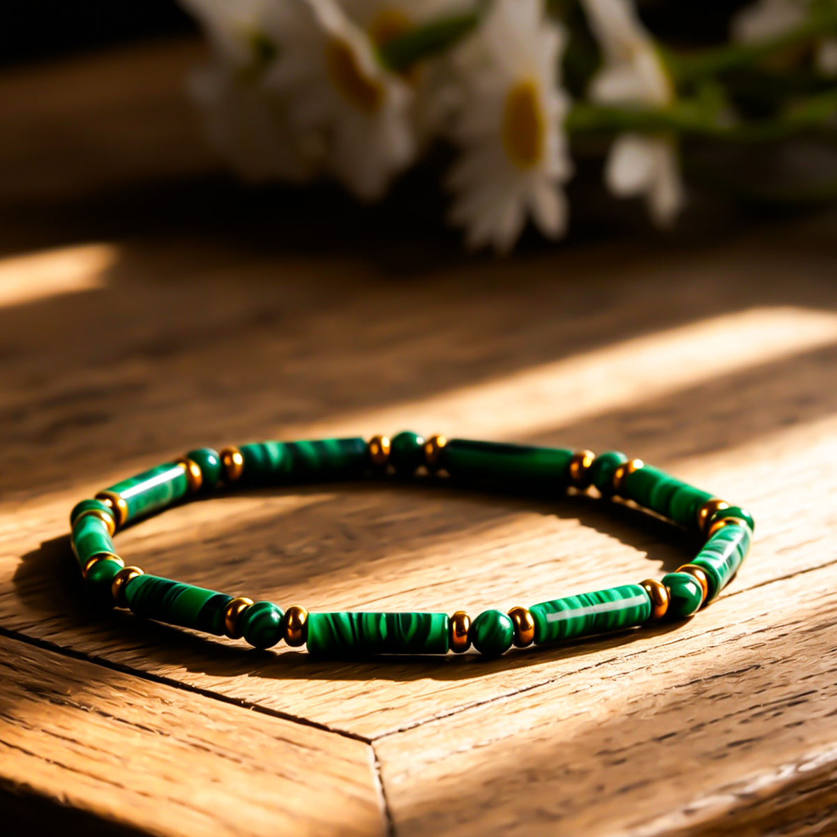 Natural Malachite Tube Bead Bracelet, Unisex Wealth Attraction
